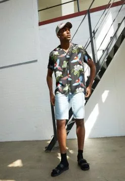 Brave Soul MACAW - Camisa - Jet Black/multi Colour, Hombre